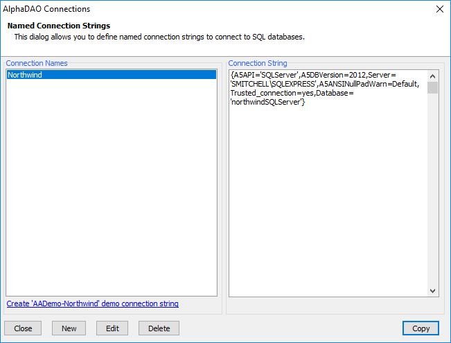 The Northwind AlphaDAO connection string for SQL Server.